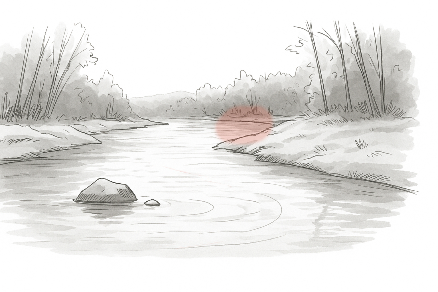 Sketch showing a river bend and current break, highlighting productive steelhead fishing spots