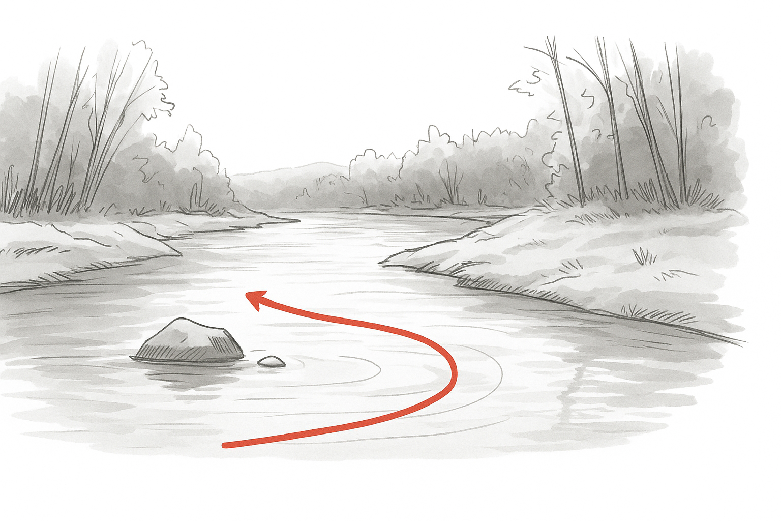 A diagram of a river showing the best presentation of a fishing lure to catch a steelhead