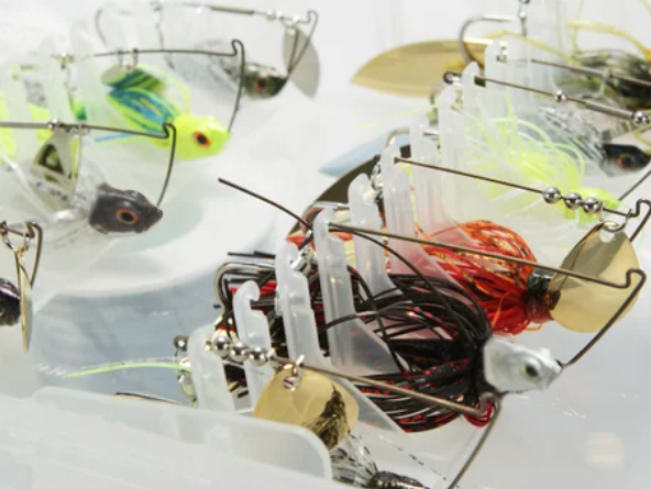 A collection of different buzzbait lures.