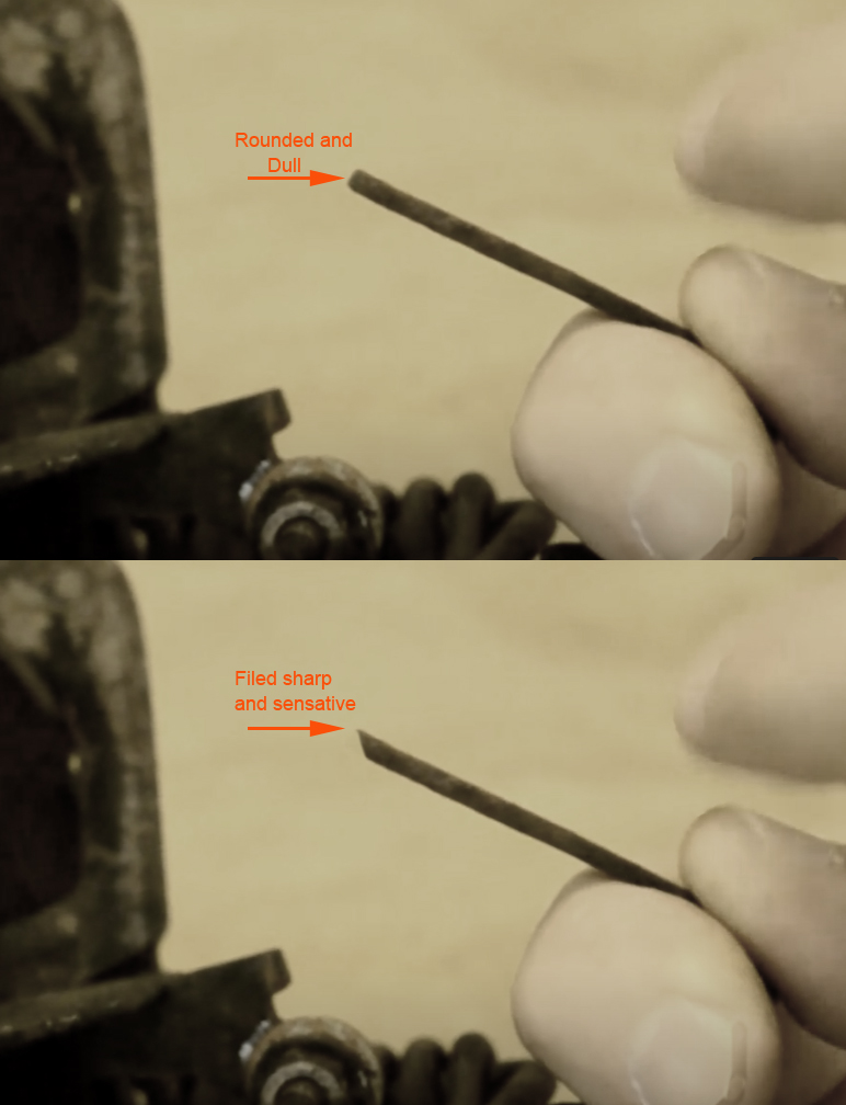 Before and after filing the dog of a coilspring trap