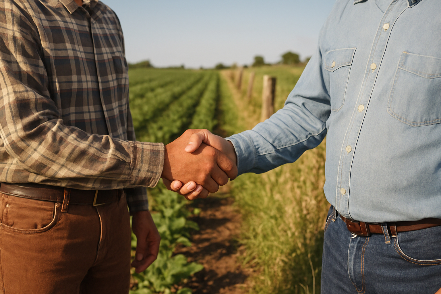 A farmer and a trapper reach an agreement and shake hands near the crops