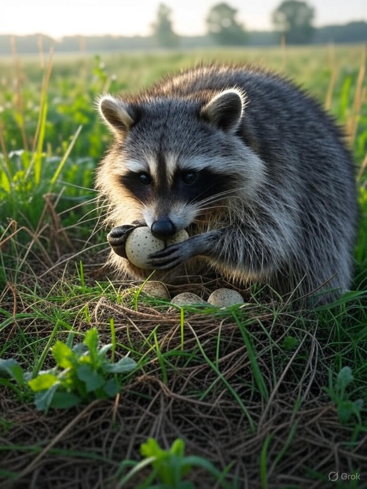 Raccoon destroying pheasant nest eggs Michigan ground nesting birds