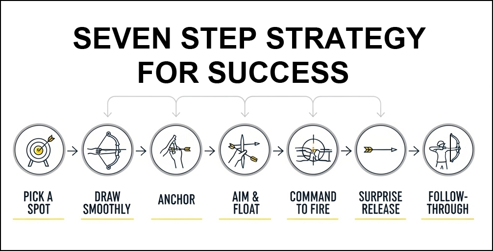 Archery shot process diagram with seven steps from aiming to follow-through