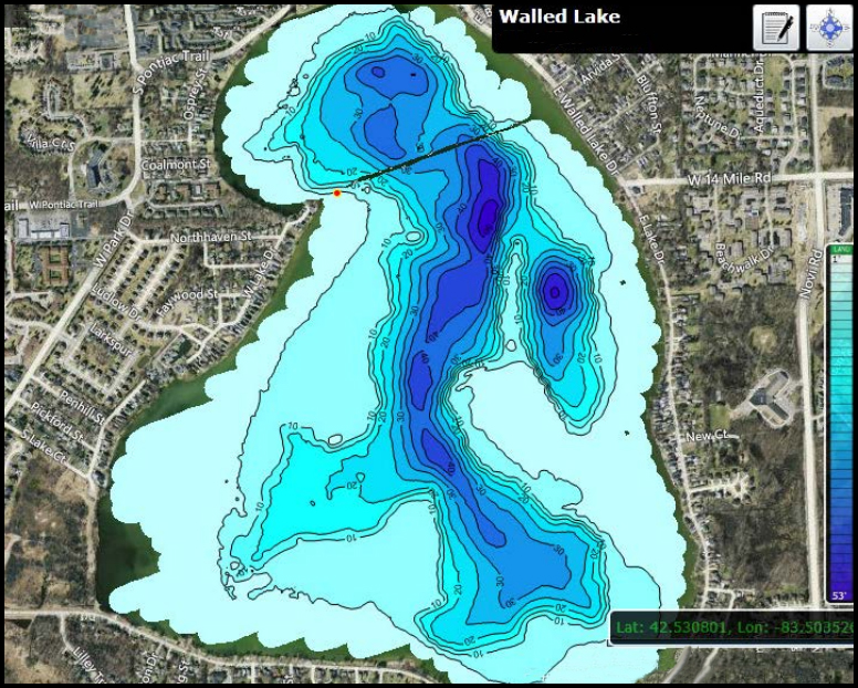 Walled Lake map shows drop offs and shallows for pike fishing.