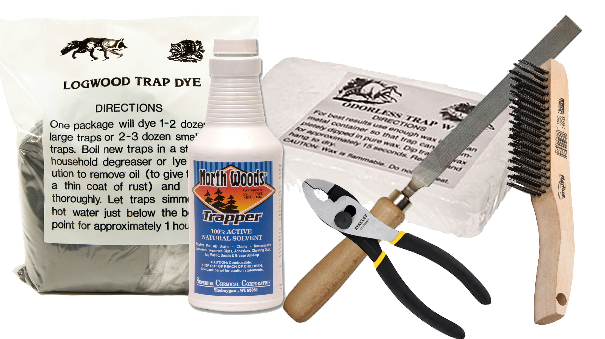 Trap maintenance supplies including degreaser, dye, wax, and cleaning tools